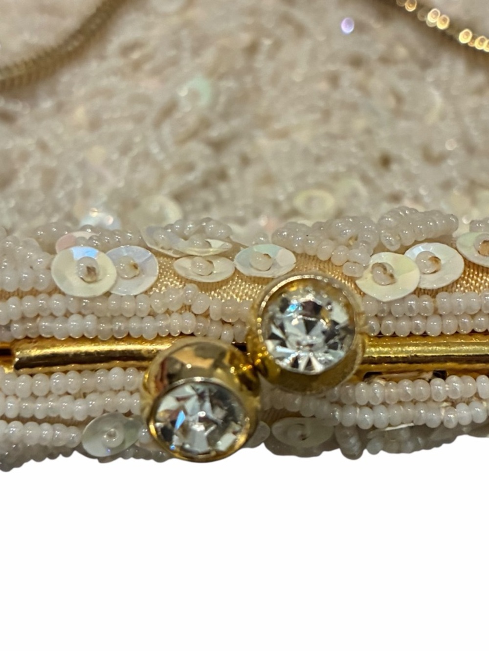 Vintage Hand Beaded Evening Bag with Gold Tone Chain and Faux Diamond Clasp - Picture 7 of 10